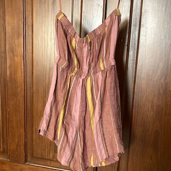 Urban Outfitters Stripe Strapless Romper Linen Blend Pink Brown Yellow Size S - Picture 2 of 7